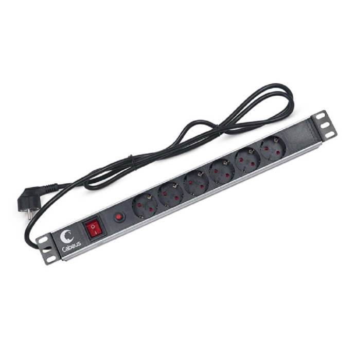 Cabeus PDU-6P-F-2EU Блок распределения питания для 19" шкафов, горизонтальный, 6 розеток, 16 A, выключатель, шнур 2м, алюминиевый корпус, немецкий стандарт