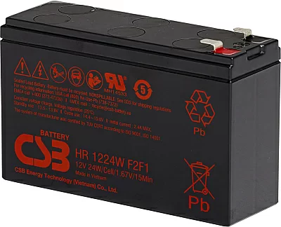 Батарея CSB серия GP, HR1224W F2 F1, напряжение 12В, емкость 6Ач (разряд 20 часов), 24 Вт/Эл при 15-мин. разряде до U кон. - 1.67 В/Эл при 25 °С, макс. ток разряда (5 сек.) 130А, ток короткого замыкания 260А, макс. ток заряда 2.4A, свинцово-кислотная типа