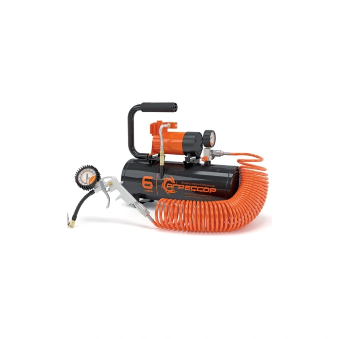 Металлический компрессор Агрессор ресивер 6л., 12V, 180W, шланг 10м., пистолет для накач. шин, пере одник для пневмо инстр-та, 1 2 AGR-6LT