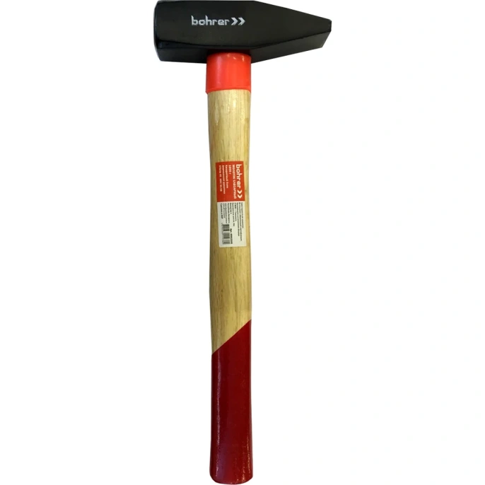Слесарный молоток Bohrer 1000 г. с деревянной рукояткой, квадратный боек, резиновое защитное кольцо 45012101