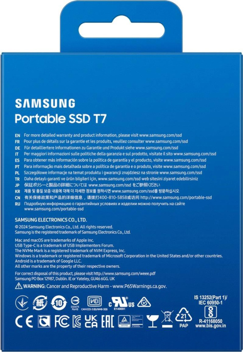 Внешний диск SSD Samsung T7 4ТБ MU-PC4T0T/WW, USB 3.2 Gen 2, запись - 1000МБ/с, чтение - 1050МБ/с, черный