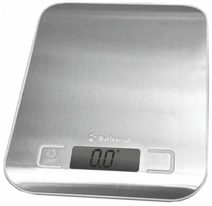 Весы кухонные Sakura SA-6060SG электронные, настольные, нагрузка: 5 кг, деление: 1 г, дисплей LCD/с подсветкой, функция довешивания, дополнительно: индикация низкого заряда батареи/индикация перегрузки