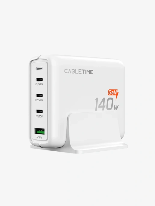 Зарядное устройство CABLETIME G14WE (CT-GAN140-PWE) GaN II PD3.1 3C1A 140 Вт, ЕС/США, белый