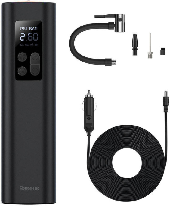 Автомобильный компрессор Baseus CRCQ000001 Super Mini Inflator Pump; Рабочее напряжение: 12В постоянного тока; светодиодная подстветка; Поддержка; Диапазон давления накачки: 0,2 ~ 150 фунтов на квадратный дюйм; Длина трубки: 18 см; модель BS-CG003 , Blac