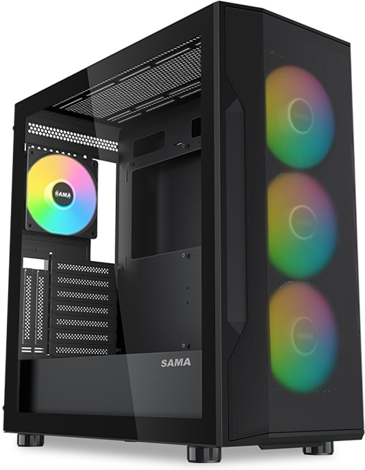 Корпус ПК без блока питания Case SAMA S40 Black, Midi-Tower, TG, 4x120mm ARGB, 2xUSB 3.0 + 1xUSB 3.1 Type-C, ATX, mATX, mITX Black S40-BKAPA4X1-GL