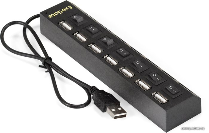 USB-Хаб концентратор 7-в-1 ExeGate DUB-72SW кабель-адаптер USB2.0 -- 7xUSB2.0, кнопки включения/отключения для каждого порта, Plug&Play, черный EX293978RUS