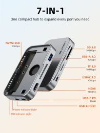 Магнитный концентратор CABLETIME CB34S (CT-HUBS1-AS) 7-в-1 с NVMe 10 Гбит/с, с USB 4 80 Гбит/с CT-FU8S-AG - Silver