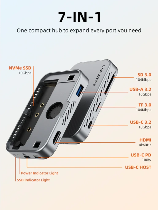 Магнитный концентратор CABLETIME CB34S (CT-HUBS1-AS) 7-в-1 с NVMe 10 Гбит/с, с USB 4 80 Гбит/с CT-FU8S-AG - Silver