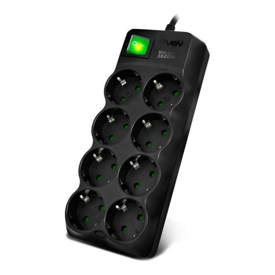 SVEN Фильтр SF-08E-16 3,0 м 8 розеток с защитными шторками,16А черный, цветная коробка [SV-021610]