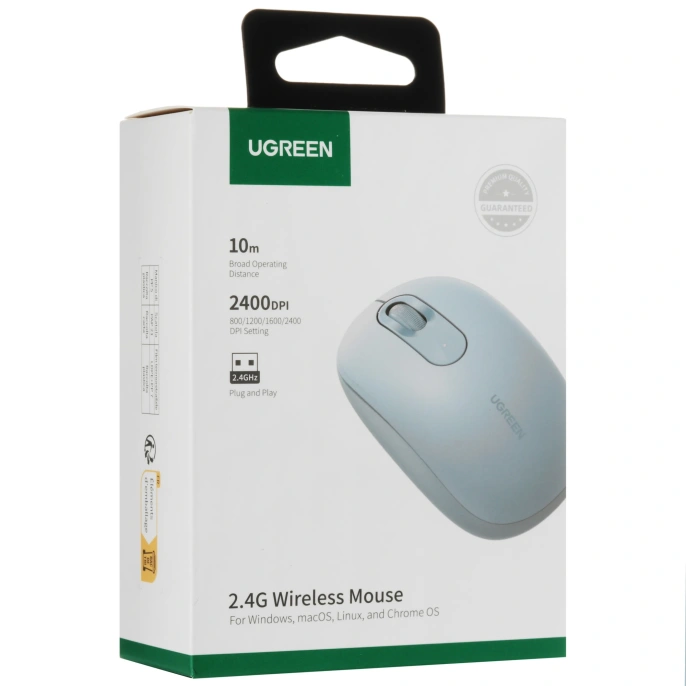 Мышь UGREEN MU105 90671, 800/1200/1600/2400 DPI,функция бесшумного режима, Режим: беспроводной -2,4 ГГц, рабочее расстояние: 10 м, рабочее напряжение: 1,5 В, рабочий ток: 10 мА, щелочная батарея AA входит в комплект 