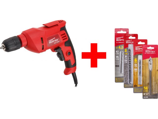 Дрель WORTEX DS 1055 в кор.+ Акция 4 сверла в подарок DS105500022A1