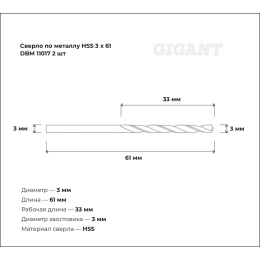 Сверло по металлу HSS 2 шт; 3x61 мм Gigant DBM 11017