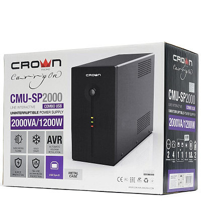 Источник бесперебойного питания Crown. UPS CROWN 2000VA/1200W, металл, 2x12V/9AH, розетки 4*IEC + 2*EURO+1*IEC bybass, трансформатор AVR 140-290V, съёмный кабель 1.8 м, фильтр телефонной и ethernet линии RJ-11/45, USB-порт, защита батареи, от перегрузки,