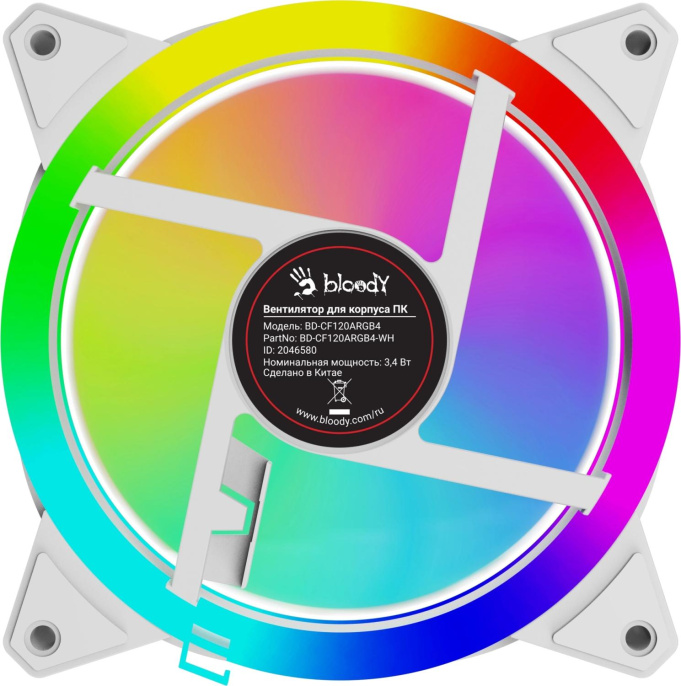 Вентилятор BLOODY BD-CF120ARGB4 120мм, 4-pin, 1600об/мин, 11 - 26 дБ, ARGB, белый, Ret [bd-cf120argb4-wh]