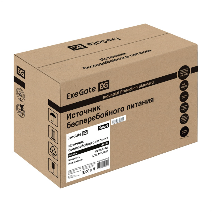ИБП ExeGate Smart LB-450.LCD.AVR.4C13 450VA/270W, LCD, AVR, 4*C13, батарея 12V 4.5Ah, Black EX299630RUS