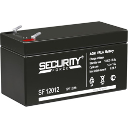 Батарея SECURITY FORCE серия SF, SF 12012, напряжение 12В, емкость 1.2Ач разряд 20 часов , макс. ток заряда 0.36А, свинцово-кислотная типа AGM, клеммы F1, ДxШxВ 97х44х52мм., кг., срок службы 3-5 лет./ Battery SECURITY FORCE series SF, SF 12012, voltage 1