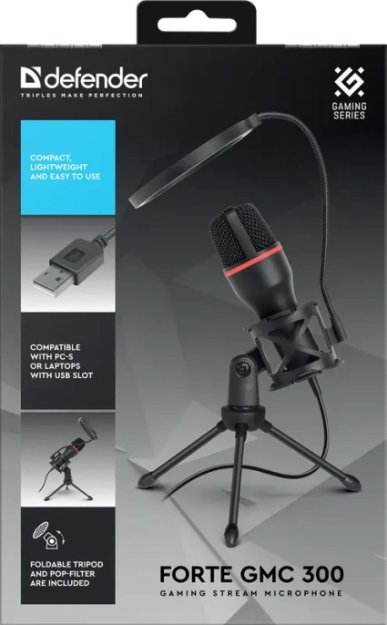 Игровой стрим микрофон Defender Forte GMC 300 USB, провод 1.5 м 64631