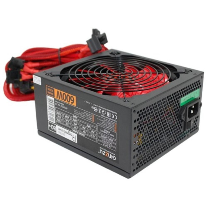 Блок питания Ginzzu PC600 14CM Red 80+ black,APFC,24+4p,2 PCI-E 6+2 , 5*SATA, 4*IDE,оплетка, кабель питания,цветная коробка