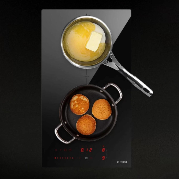 Индукционная варочная панель ELICA RATIO 302 PLUS BL, 30 см, сенсорное управление, 9 уровней мощности, Bridge zone, Booster, индикатор остаточного тепла, распознование посуды, пауза, подогрев, таймер, цвет черный