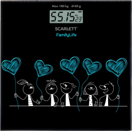 Весы Scarlett SC-BS33E019 электронные, материал платформы: стекло, максимальная нагрузка: 180 кг, LCD дисплей, единицы измерения: килограммы, фунты, стоуны, индикация температуры помещения, индикация уровня заряда батареи, питание: 1хCR2032, цвет: черный
