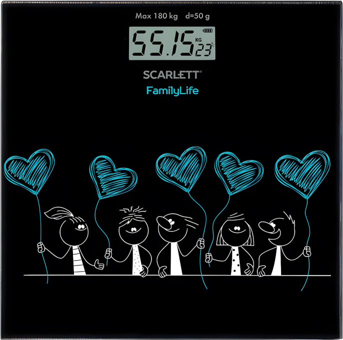 Весы Scarlett SC-BS33E019 электронные, материал платформы: стекло, максимальная нагрузка: 180 кг, LCD дисплей, единицы измерения: килограммы, фунты, стоуны, индикация температуры помещения, индикация уровня заряда батареи, питание: 1хCR2032, цвет: черный