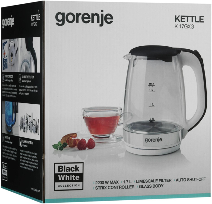 Чайник электрический Gorenje K17GXG 1.7л. 2200Вт белый/серебристый корпус: стекло/пластик