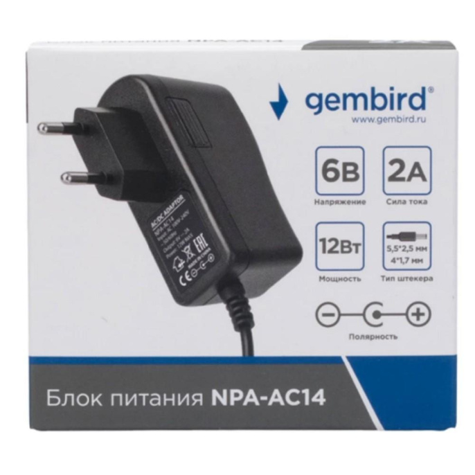 Gembird Блок питания узкий 6В/2А, 12Вт, 2 штекера 5,5х2,5+4x1,7мм NPA-AC14