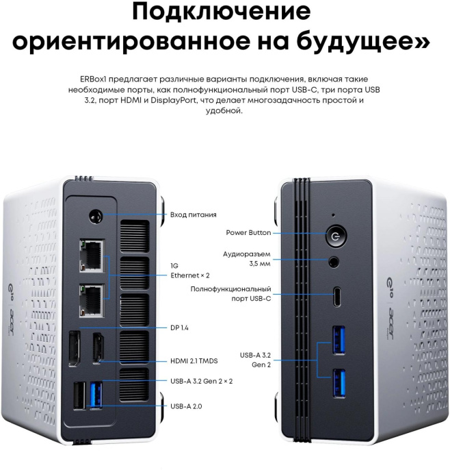 Неттоп Acer Gadget E10 ERBox AMD Ryzen 7 6800H,  LPDDR5 16ГБ, 512ГБ(SSD),  AMD Radeon 680M,  Windows 11 Pro,  черный и белый