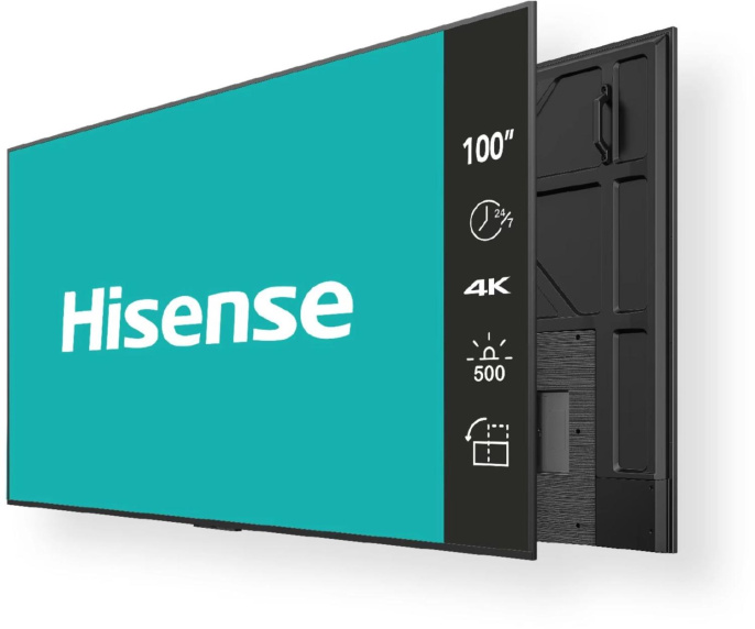 Коммерческий дисплей Hisense 100BM66D 100", матрица: VA, 3840х2160, частота обновления: 120 Гц, яркость: 500 кд/м2, контрастность: 5000:1, Wi-Fi, локальная сеть: 10/100 Мбит/с. ОС: Android 9