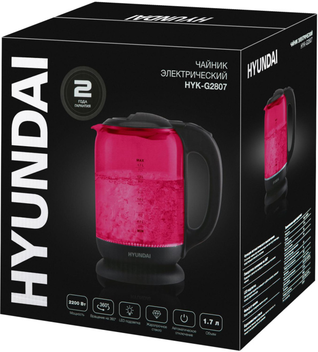 Чайник электрический Hyundai HYK-G4808 1.7л. 2200Вт малиновый/черный корпус: стекло