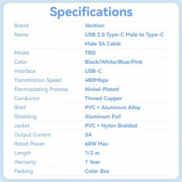 Кабель Vention USB 2.0 CM/CM - 1м. Черный 3А PD60W TRDBF