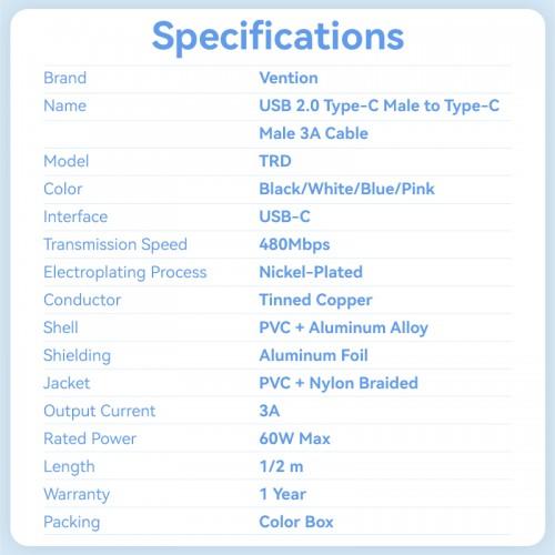 Кабель Vention USB 2.0 CM/CM - 1м. Черный 3А PD60W TRDBF