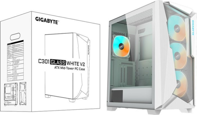 Корпус Gigabyte C301 Glass White MidTower, ATX, USB-C x1, USB3.0 x2, Audio I/O, GPU:400mm, Black, TG GB-C301GW