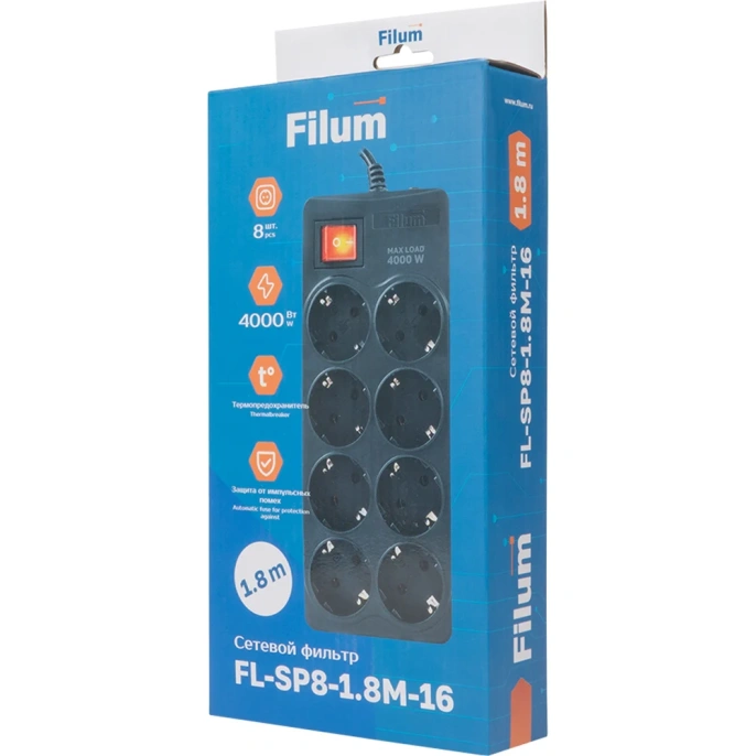 Сетевой фильтр Filum 4000 Вт., 8 розеток, шнур 1.8 м., черный FL-SP8-1.8M-16