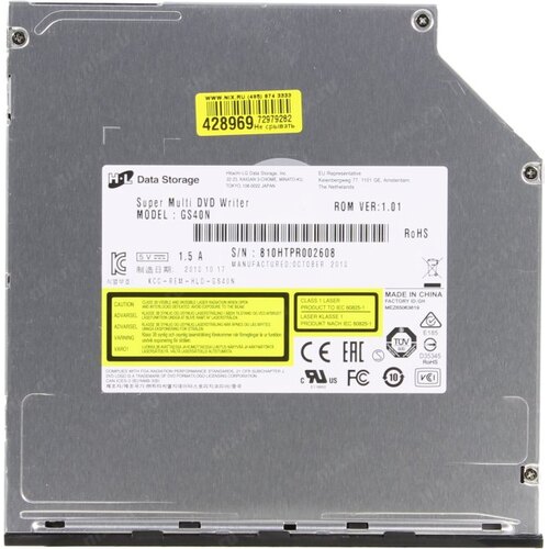 Привод DVD+/-RW SATA LG GS40N DVD Multi, для ноутбука, интерфейс SATA, толщина 12.7 мм, цвет черный OEM