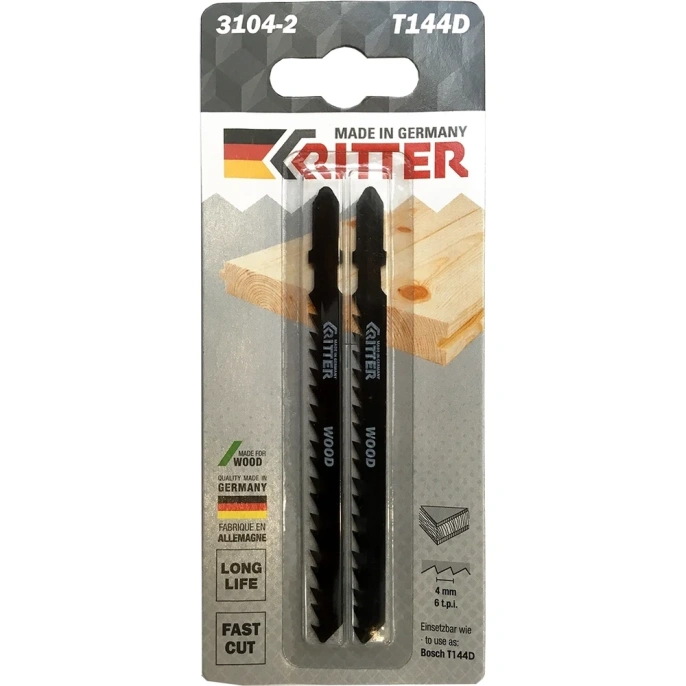 Пилки для лобзиков по дереву Eco Т144D CrV, 100х75 мм, шаг 4 мм/6TPi, 2 шт RITTER PS17111442