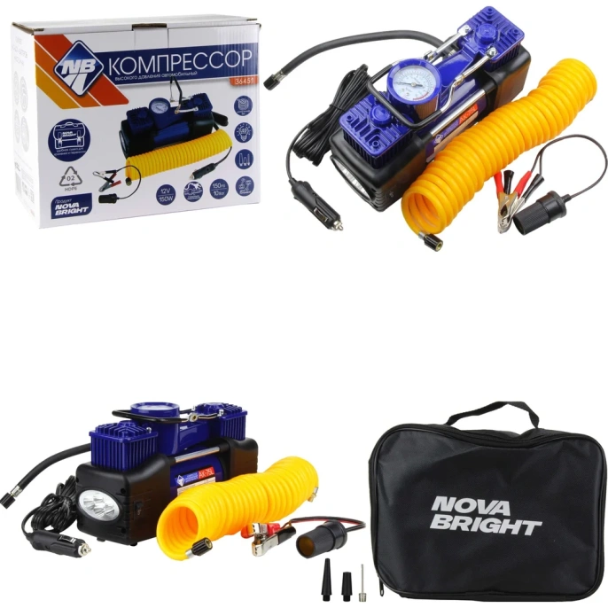 Компрессор Nova Bright АК-75L двухпоршневой, до 50 л/мин, 150 PSI, 12В, металлический корпус, в сумке, LED-фонарь 36451