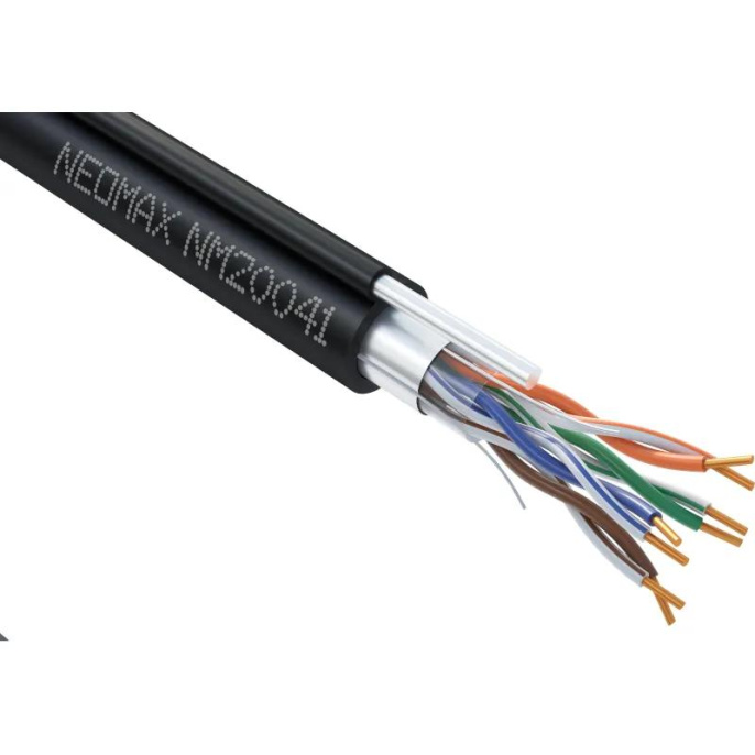 Кабель NEOMAX [NM20041] F/UTP cat.5e 4 пары 305 м 0.52 мм 24 AWG Медь, внешний, стальной трос 2.0мм, PE, черный; Fluke Tested