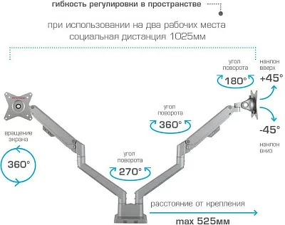 Кронштейн для мониторов Arm Media LCD-T36 серебристый 15"-34" макс.9кг настольный поворот и наклон верт.перемещ.