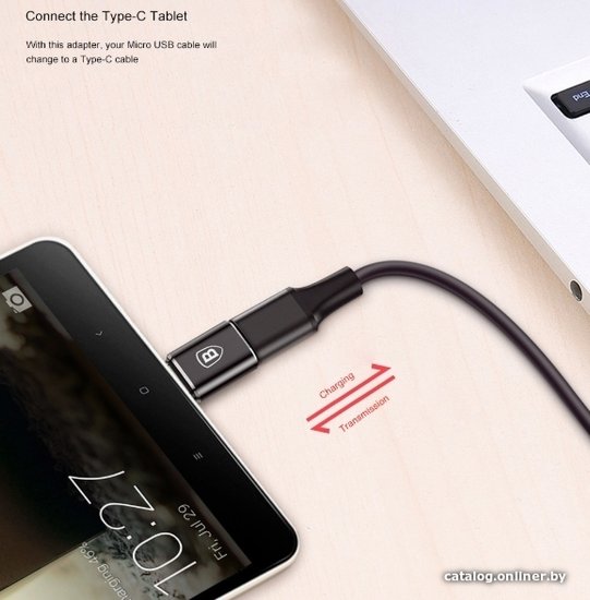 Переходник Baseus CAMOTG-01 Type-C (M) to Micro USB (F), без провода, Black (передача данных, питание устройств, вилка-розетка, 2.4А)