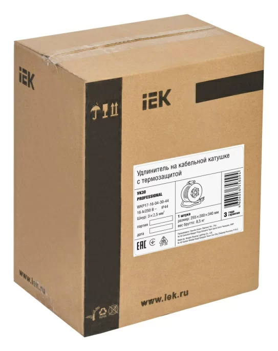 Удлинитель силовой IEK Professional (WKP17-16-04-30-44) 3x2.5кв.мм 4розет. 30м КГ 16A метал.катушка серый