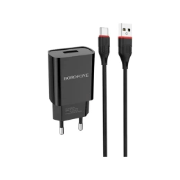Сетевое зарядное устройство Borofone ba20a sharp 1xusb, 2.1а + кабель type-c, 1м, черный 0L-00043194