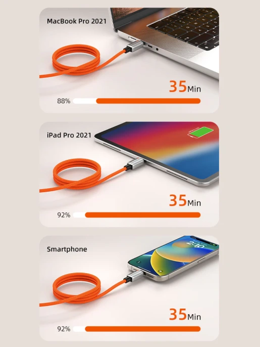 Магнитный кабель USB-C CABLETIME CU06H (CT-CM240-MZO1) 1 м, 480 Мбит/с, 5А/48В 240Вт, оранжевый, для быстрого заряда смартфонов и ноутбуков