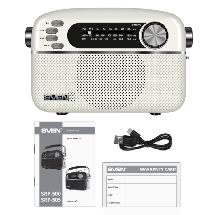 Радиоприемник SVEN АС SRP-505, белый 3 Вт,Bluetooth, FM/AM/SW, USB, microSD, AUX, встроенный аккумулятор SV-020439