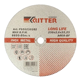 Круг отрезной по металлу и нержавеющей стали LongLife HQ (230х2х22.2 мм; A46R-BF-T41) RITTER PS50230202