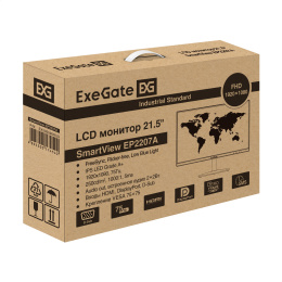Монитор с аудио 21.5" ExeGate SmartView EP2207A (IPS LED Grade A+, FHD, 1920x1080@75Гц, 16:9, 250cd/m2, 1000:1, 178°/178°, 3-5ms, Speakers, D-Sub, HDMI 2.0, DisplayPort, audio-out, FreeSync, Flicker-free, Low Blue Light, кабель HDMI 1.5м, VESA, регулировк