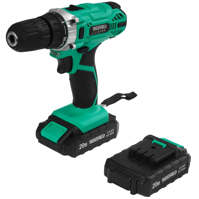 Дрель-шуруповёрт Trustfield ETCD-18.2.1 щеточный двигатель, питание: аккумулятор, 20В, крутящий момент: 28Нм, быстрозажимной патрон: 10мм, 2 скорости, 0-350/0-1350об/мин, 2 аккумулятора 1.5Ач, ЗУ