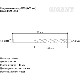 Сверло по металлу HSS 4x75 мм Gigant DBM 11019