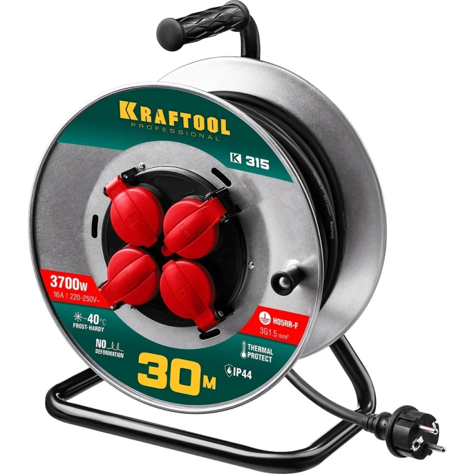 Удлинитель на катушке KRAFTOOL 30м, 3700Вт, 4 гнезда, IP44, КГ 3х1.5 кв.мм, 55085-30