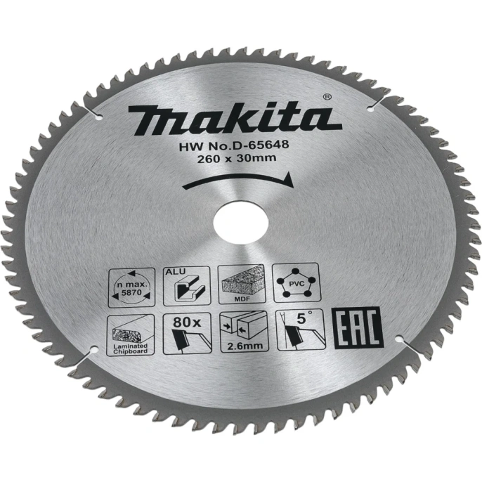 Диск пильный универсальный для алюминия/дерева/пластика 260x30 мм, 80T Makita D-65648